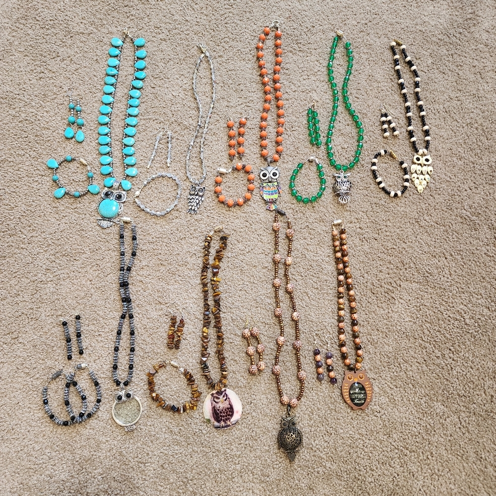 Handmade Multi Color Glass Stone and Plastic Beaded Owl Jewelry Sets